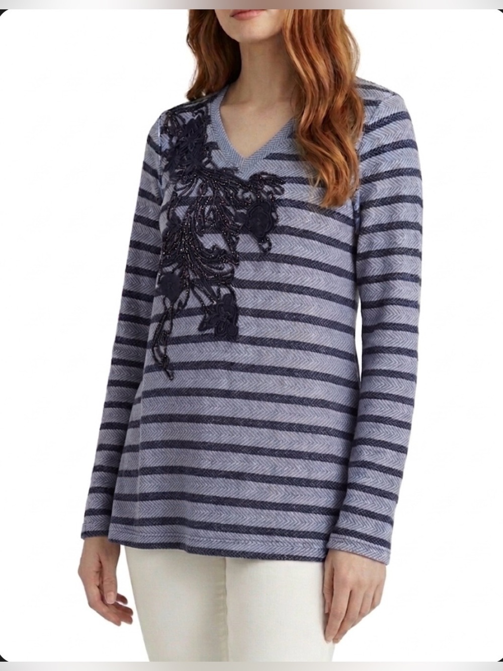 SOFT SURROUNDINGS APPLIQUE SHIMMER TOP PS BLUE V NECK BOHO COTTAGECORE TEXTURED